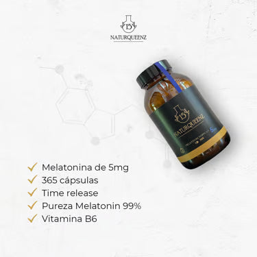 Melatonina 5 mg - 365 Cápsulas - Complemento de Melatonina pura 99% y natural para dormir bien - Time Release - Vit B6 - Naturqueenz