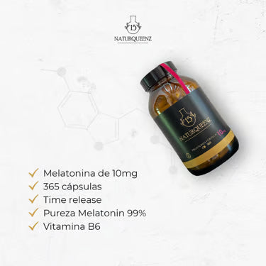 Melatonina 10 mg - 365 Cápsulas + Complemento de Melatonina pura 99% y natural para dormir bien - Time Release - Vit B6 - Naturqueenz