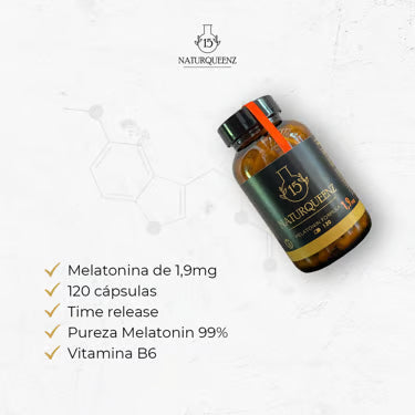 Melatonina 1,9 mg - 120 Cápsulas - Complemento de Melatonina pura 99% y natural para dormir bien - Time Release - Vit B6 - Naturqueenz®