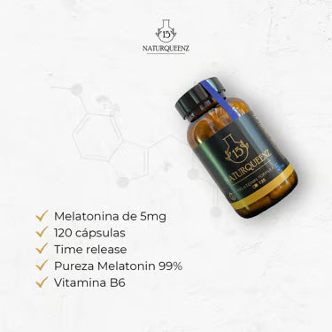 Melatonina 5 mg - 120 Cápsulas - Complemento de Melatonina pura 99% y natural para dormir bien - Time Release - Vit B6 - Naturqueenz®