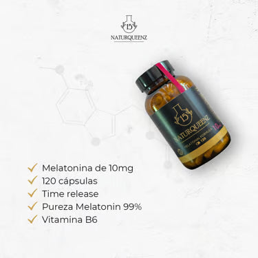 Melatonina 10 mg - 120 cápsulas + Complemento de Melatonina pura 99% y natural para dormir bien - Time Release - Vit B6 - Naturqueenz®